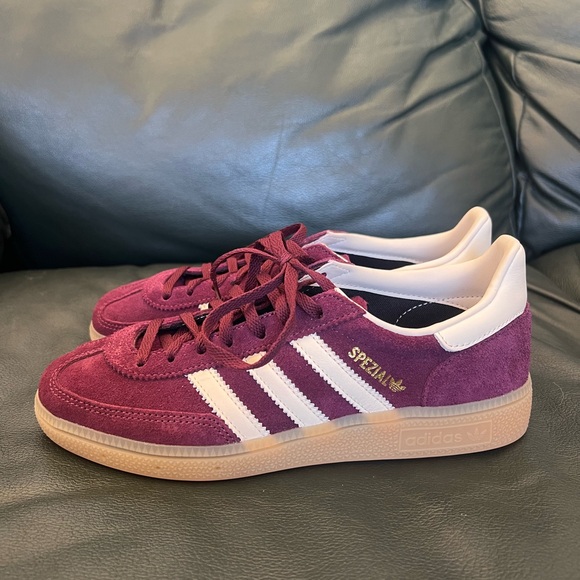 adidas Shoes - Adidas Maroon Suede Sneakers with White Stripes